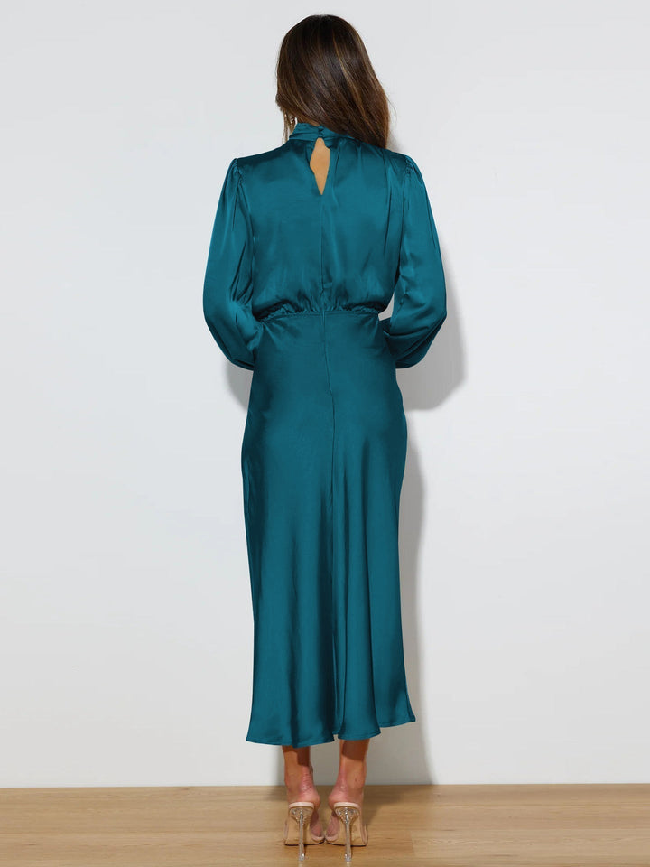 Womens Satin Bodycon Midi Dress Long Sleeve