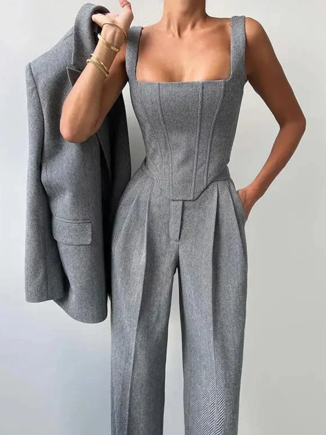 Womens Tailored Blazer and Corset Top with High-Waisted Trousers Set - BritishMode