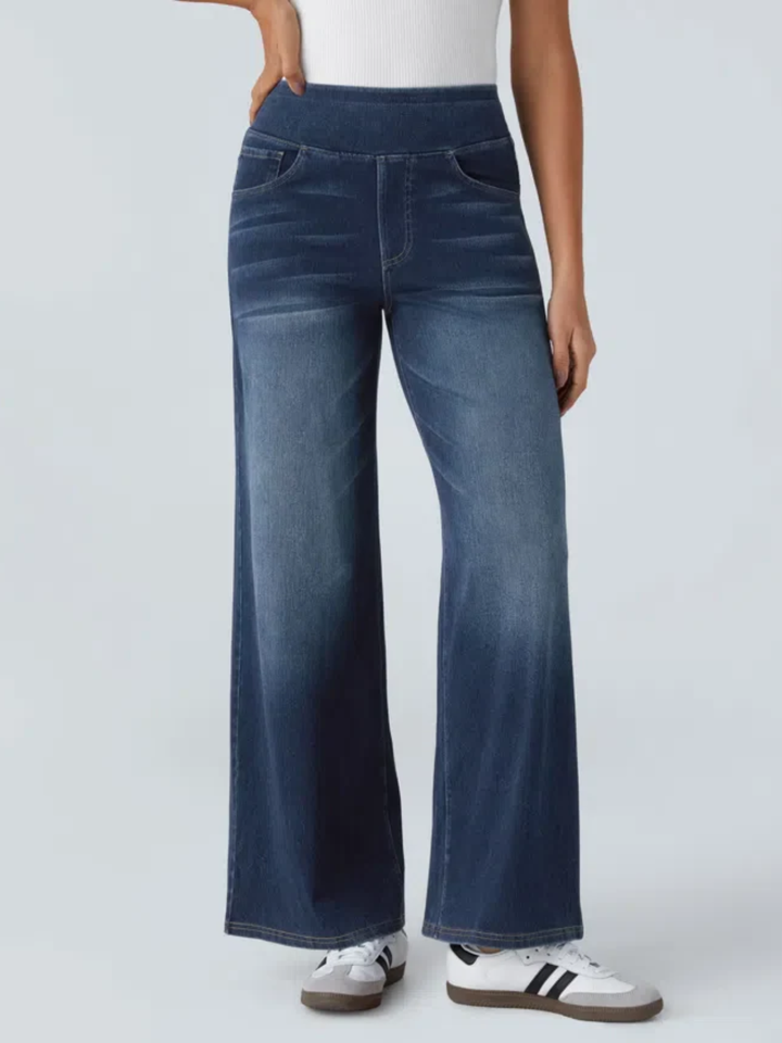 Womens Wide Leg Jeans Cotton Blend Stretch High Waist Pull-On - BritishMode