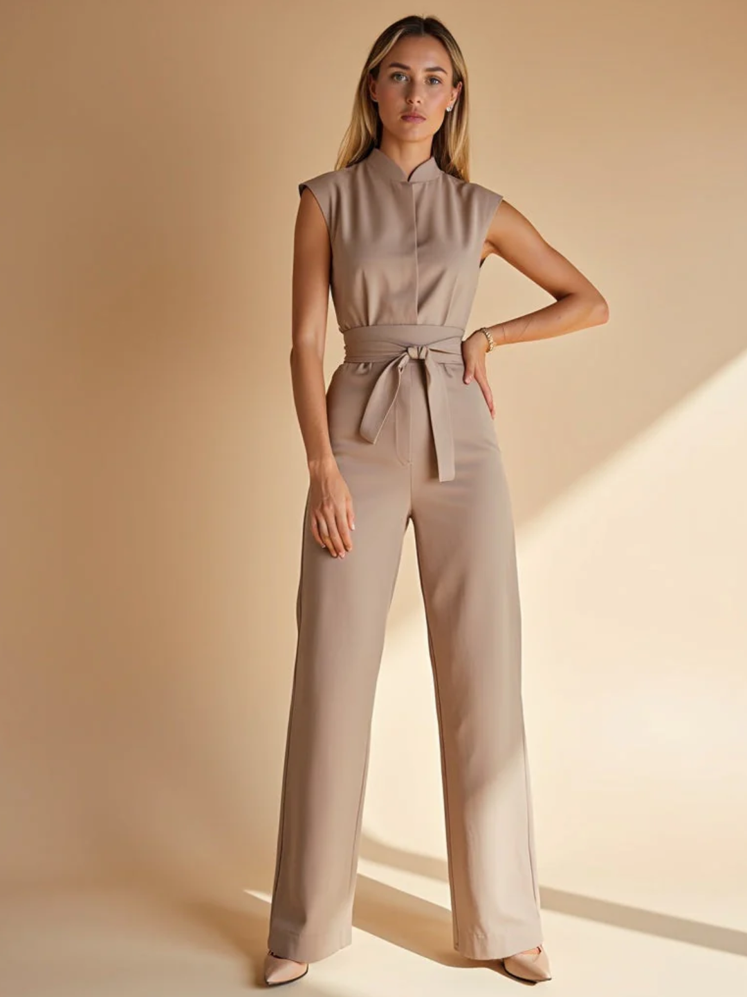 Womens Wide Leg Jumpsuit High Neck Belted Full Length - BritishMode