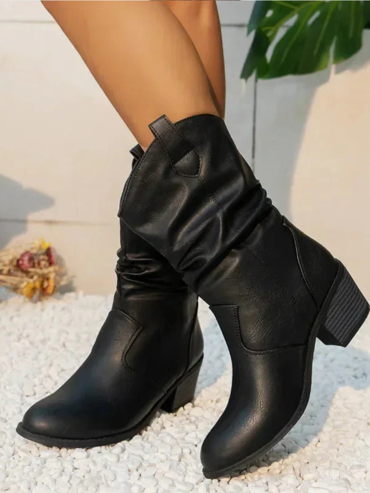 Womens Mid-Calf Western Boots Slouchy Style Block Heel - BritishMode