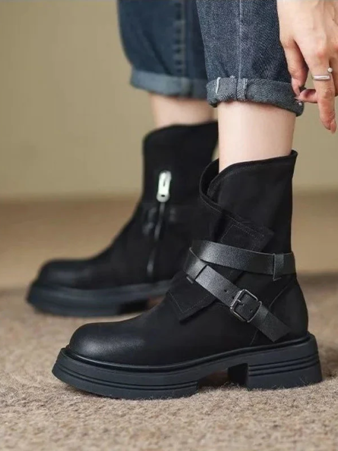 Womens Leather Moto Ankle Boots with Buckle Strap Rubber Sole - BritishMode