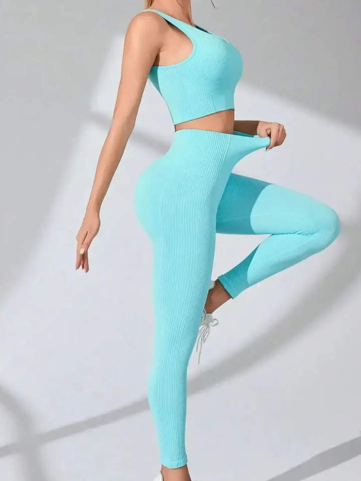 Womens Seamless Gym Set High Waist Leggings Cross Back Bra - BritishMode
