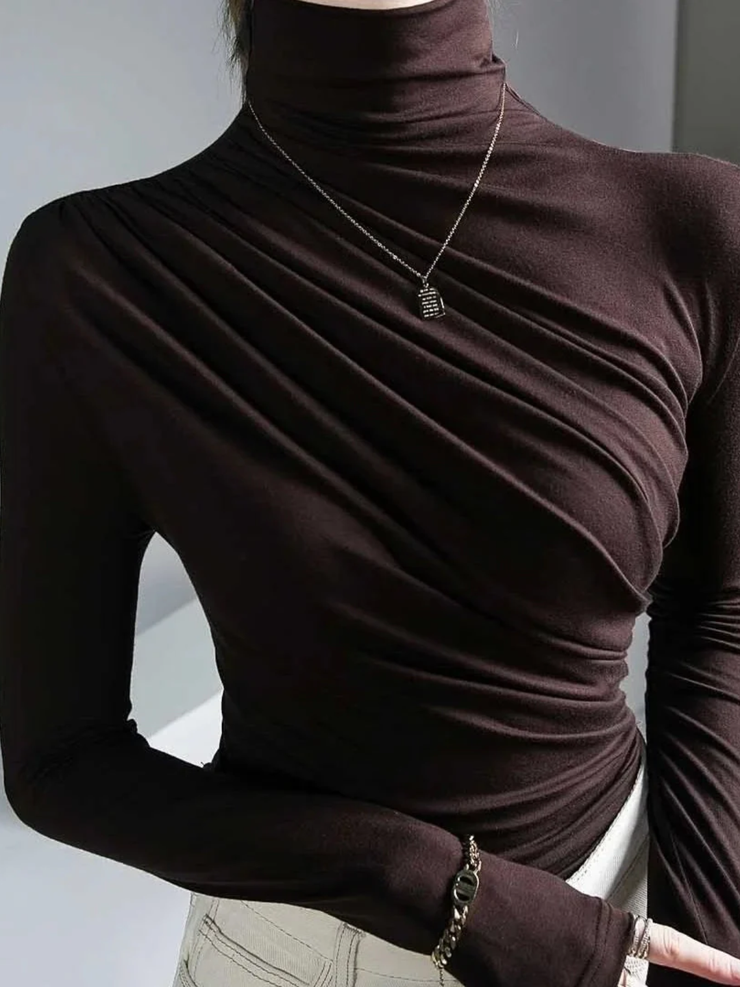 Womens Pleated Blouse High Neck Tailored Long Sleeve