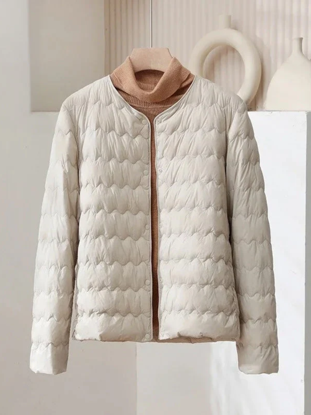 Womens Quilted Down Jacket Lightweight Collarless Snap Button - BritishMode