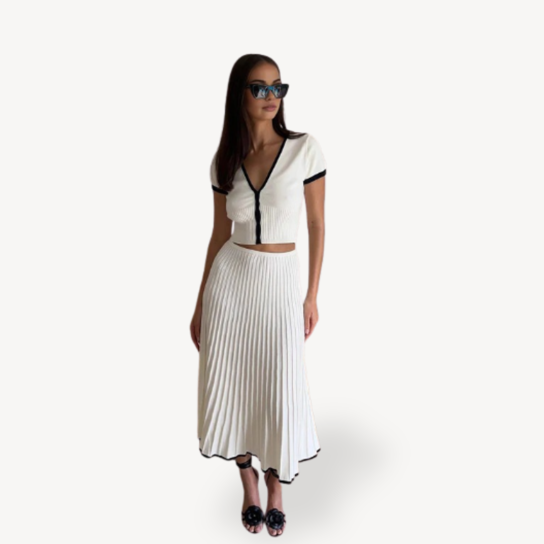 Womens Maxi Skirt Pleated with Short Sleeve Top Set - BritishMode