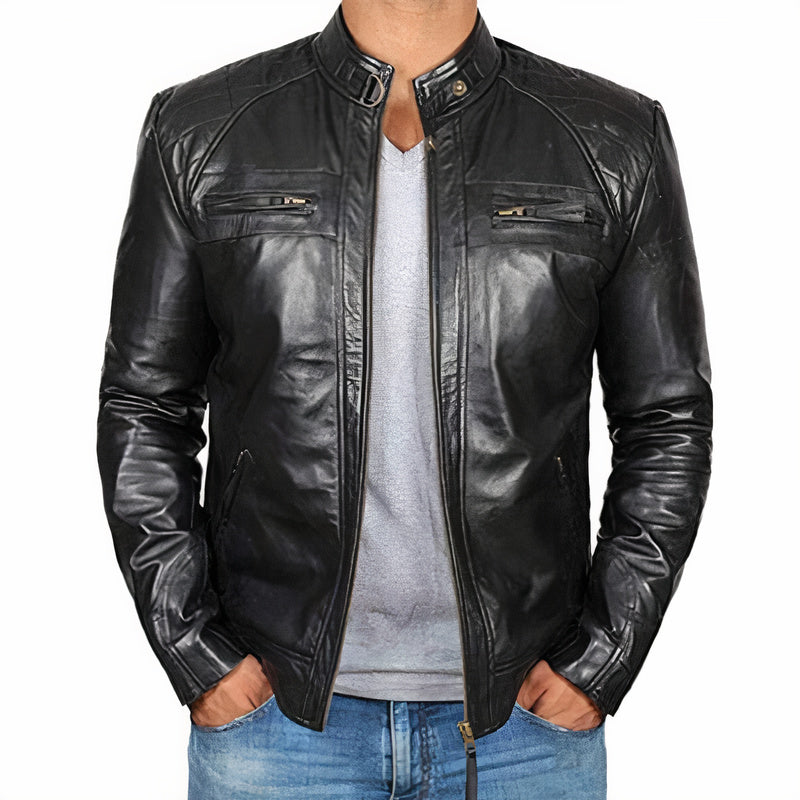 Mens Motorcycle Jacket Leather Zipper Pockets Rugged Fit