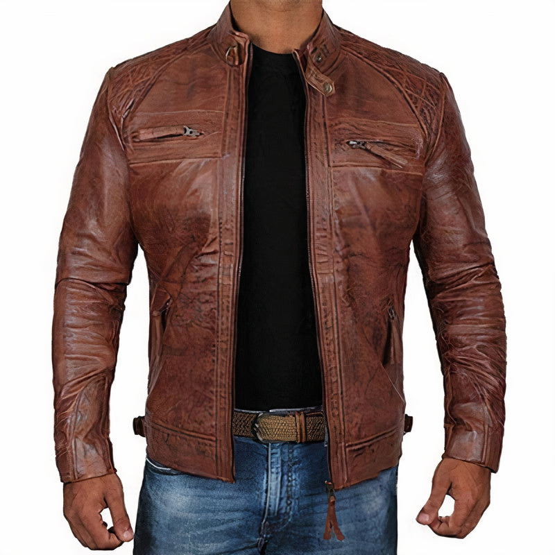 Mens Motorcycle Jacket Leather Zipper Pockets Rugged Fit - BritishMode