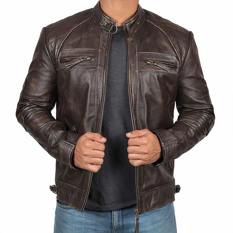 Mens Motorcycle Jacket Leather Zipper Pockets Rugged Fit