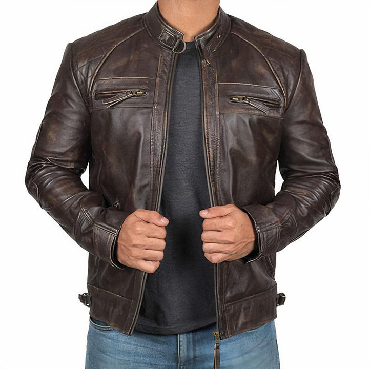 Mens Motorcycle Jacket Leather Zipper Pockets Rugged Fit