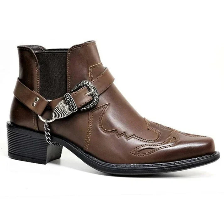 Mens Ankle Cowboy Boots Leather Buckle Strap