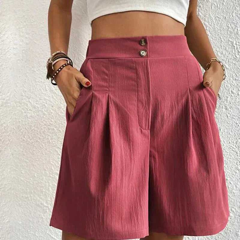 Womens High-Waisted Pleated Shorts with Pearl Detail