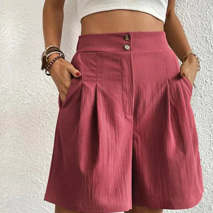 Womens High-Waisted Pleated Shorts with Pearl Detail