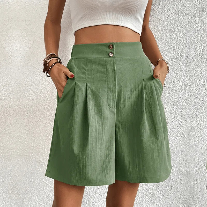 Womens High-Waisted Pleated Shorts with Pearl Detail