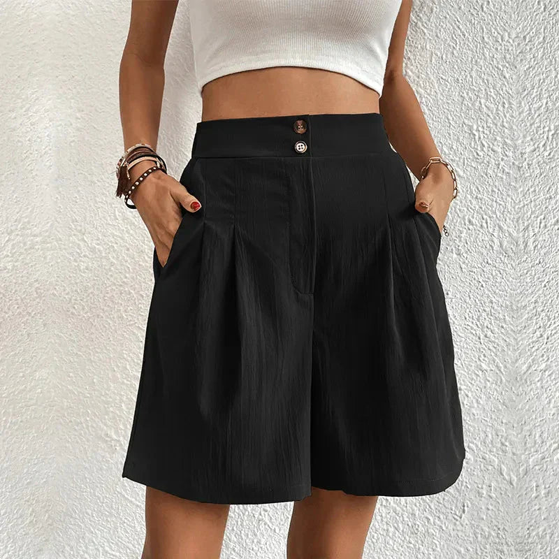 Womens High-Waisted Pleated Shorts with Pearl Detail