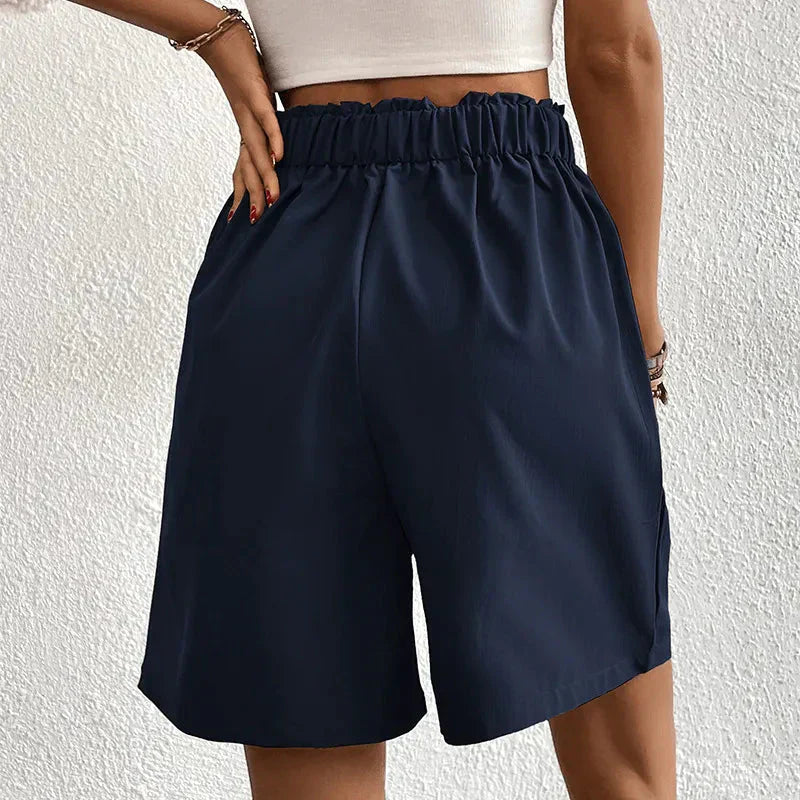 Womens High-Waisted Pleated Shorts with Pearl Detail