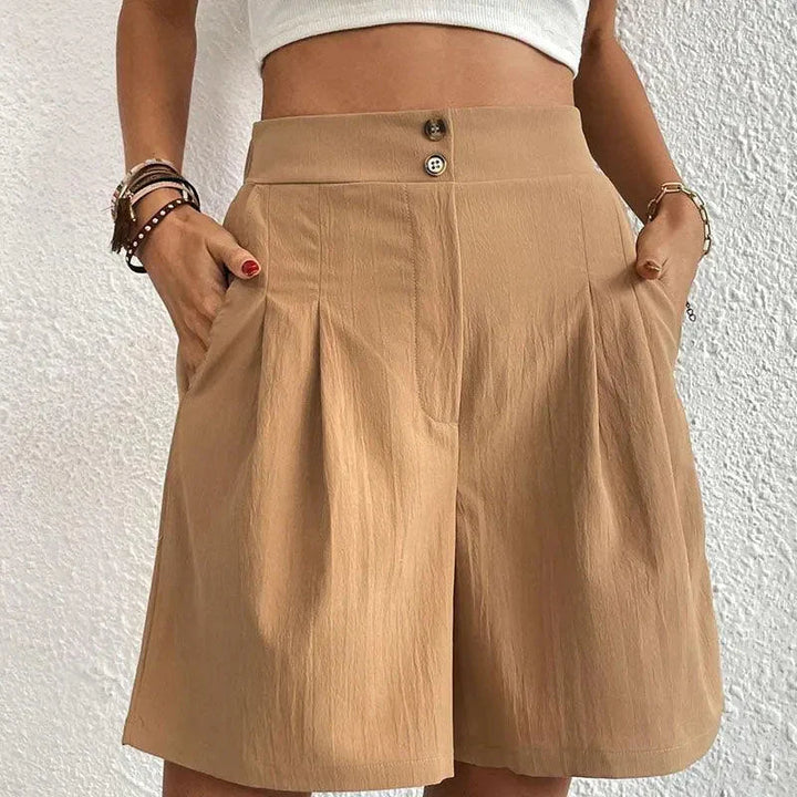 Womens High-Waisted Pleated Shorts with Pearl Detail - BritishMode