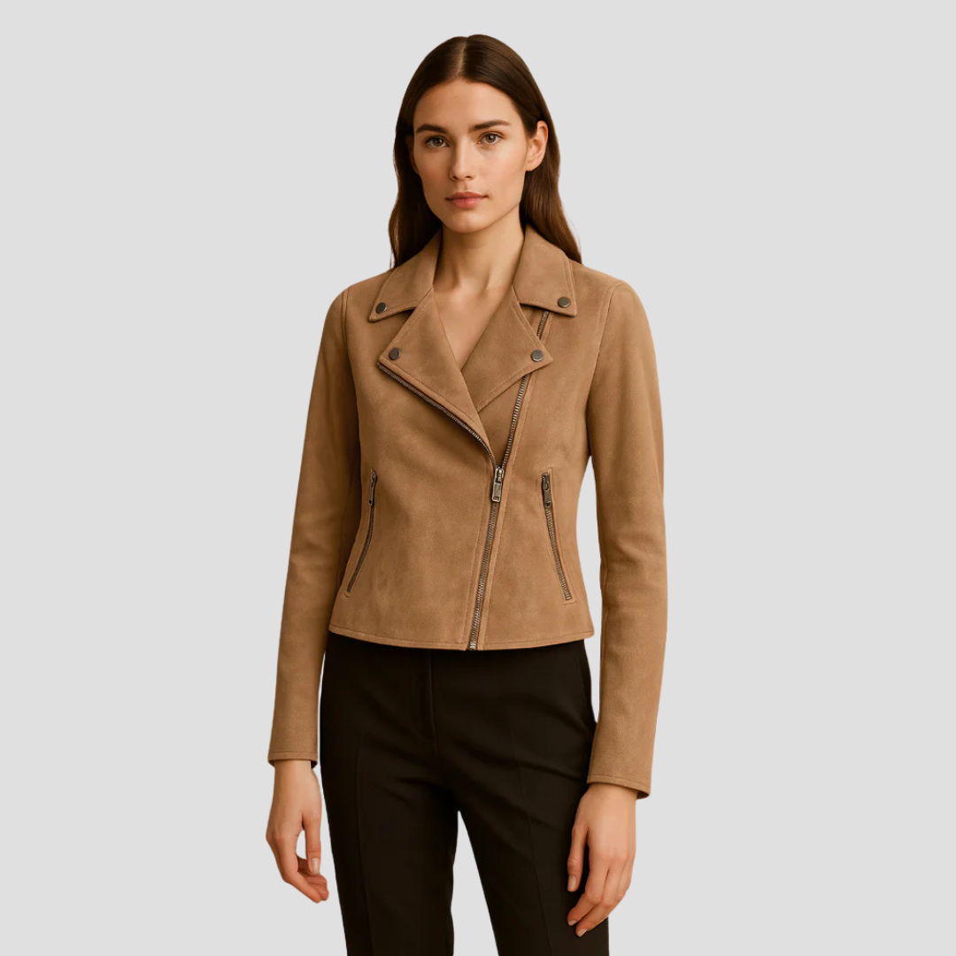 Womens Cropped Moto Jacket Suede Material