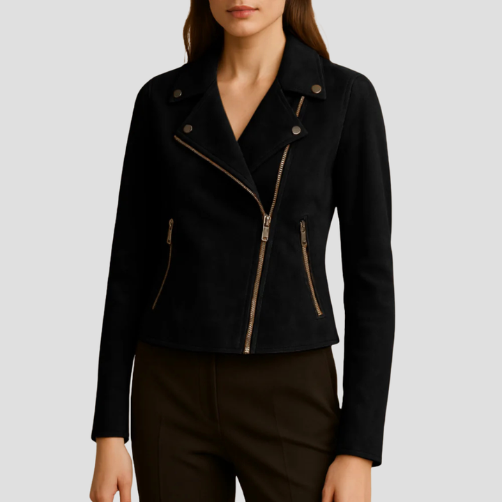 Womens Cropped Moto Jacket Suede Material