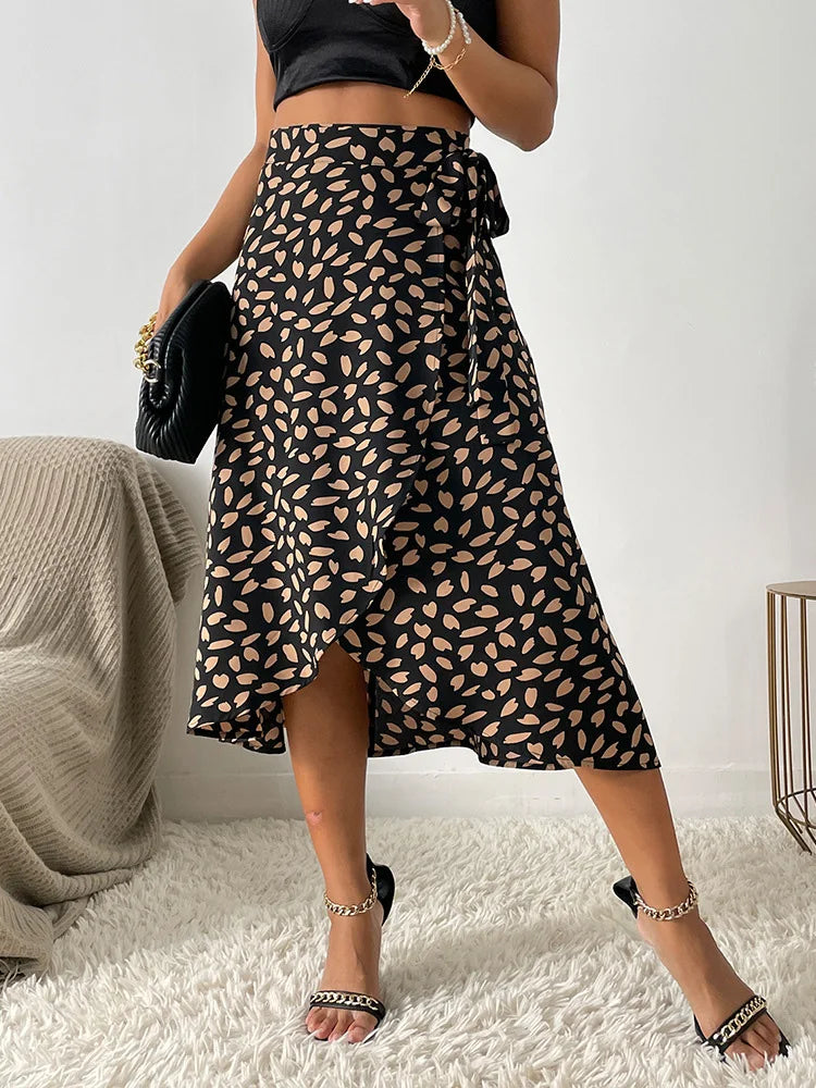 Womens Midi Wrap Skirt Adjustable Fit Asymmetrical Hem