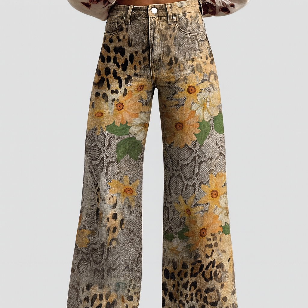 Womens Wide Leg Trousers Floral Pattern Relaxed Fit