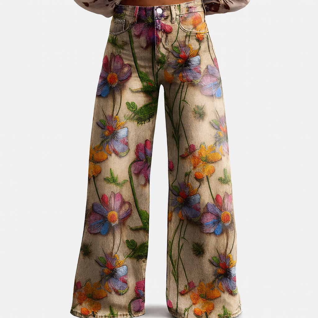 Womens Wide Leg Trousers Floral Pattern Relaxed Fit