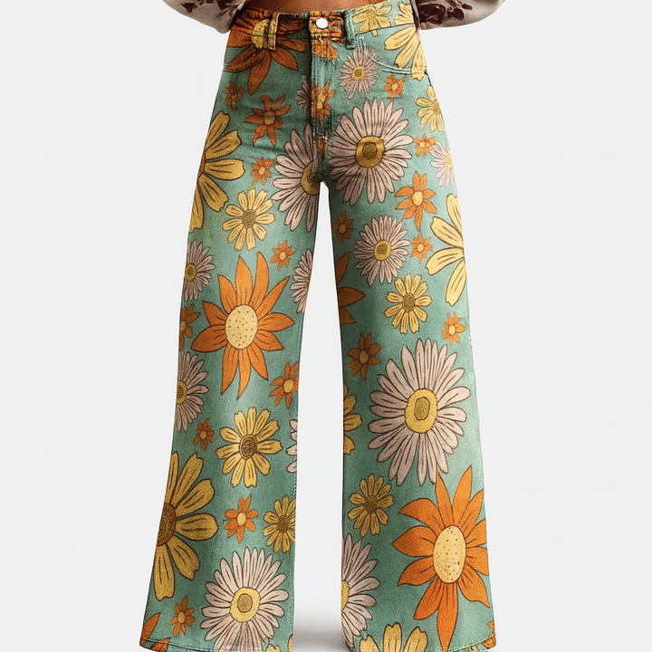 Womens Wide Leg Trousers Floral Pattern Relaxed Fit