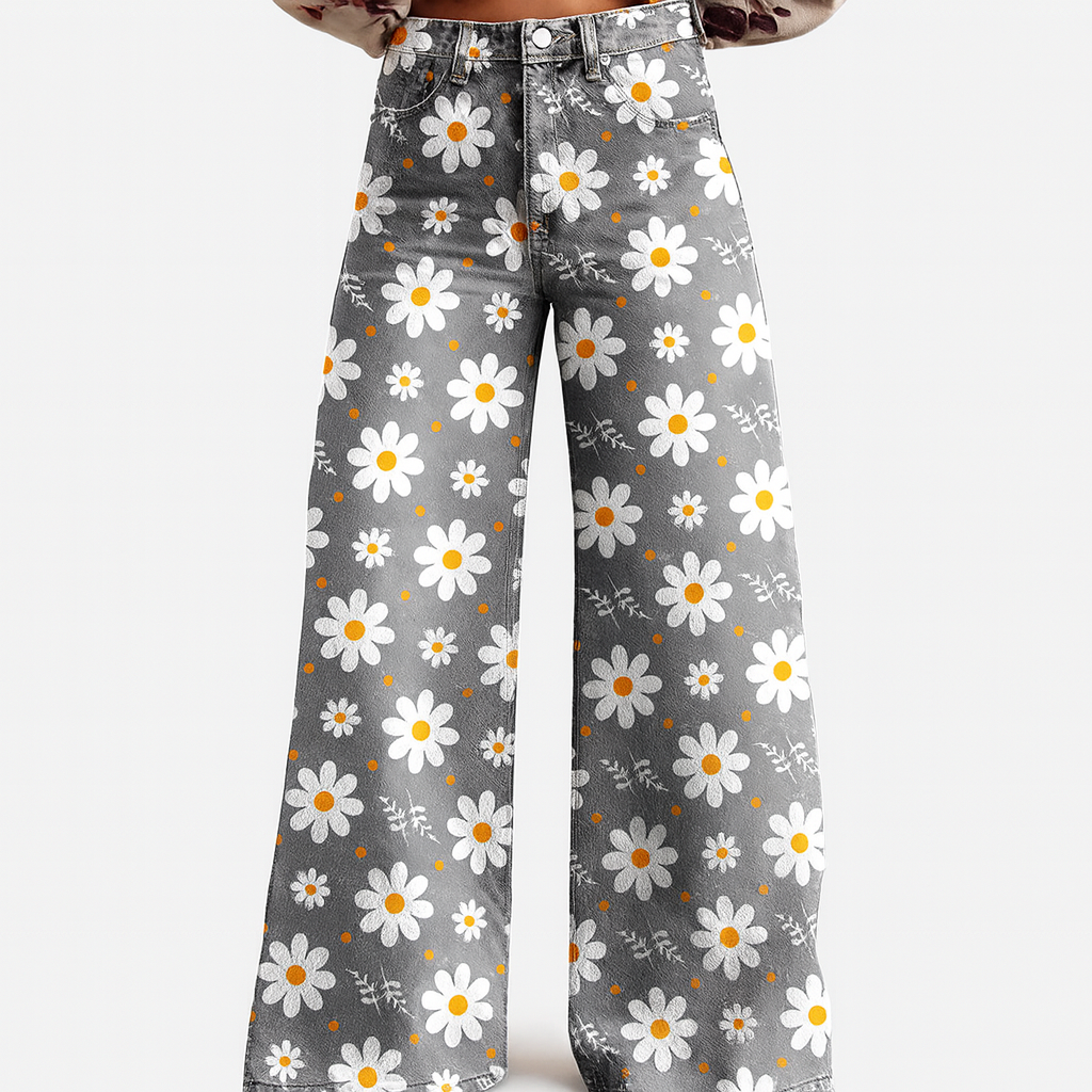 Womens Wide Leg Trousers Floral Pattern Relaxed Fit - BritishMode