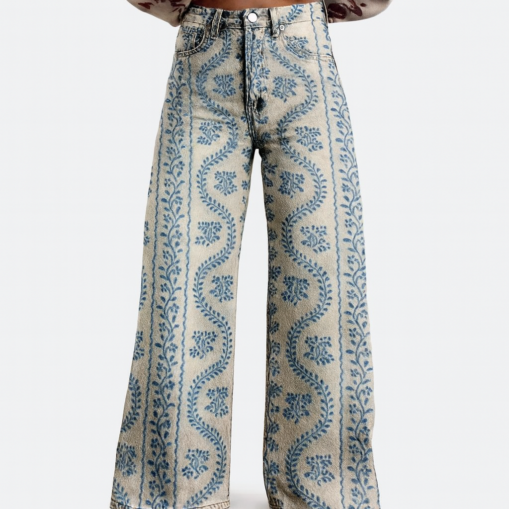 Womens Wide Leg Trousers Floral Pattern Relaxed Fit
