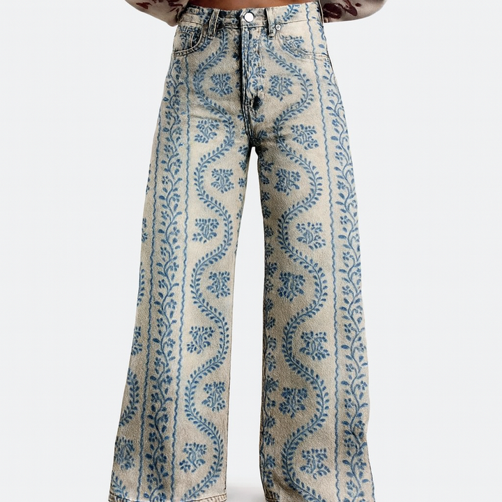 Womens Wide Leg Trousers Floral Pattern Relaxed Fit