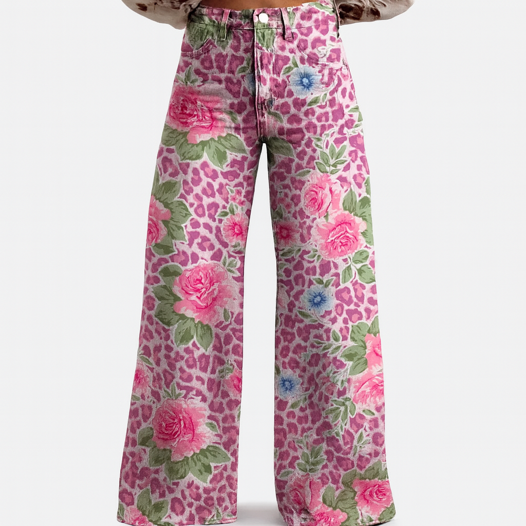 Womens Wide Leg Trousers Floral Pattern Relaxed Fit