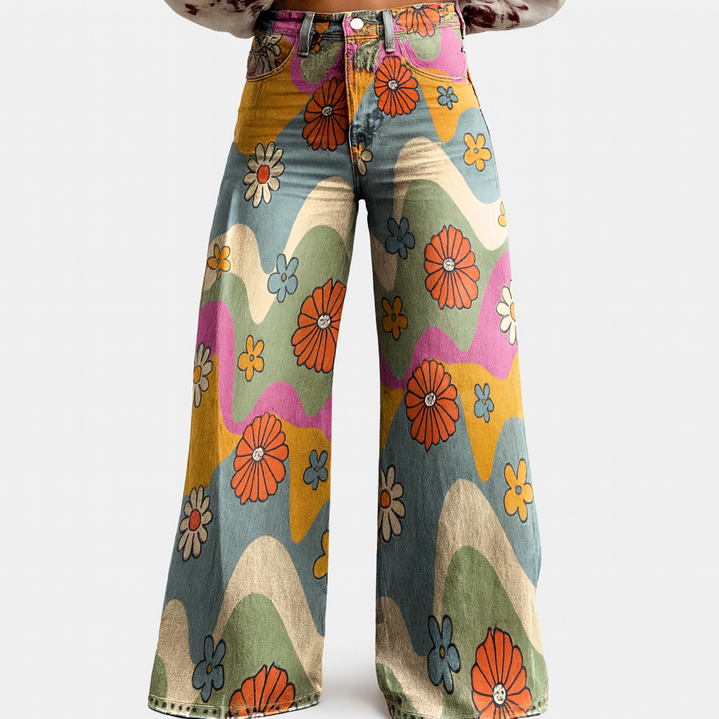 Womens Wide Leg Trousers Floral Pattern Relaxed Fit