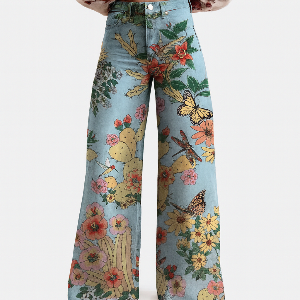 Womens Wide Leg Trousers Floral Pattern Relaxed Fit