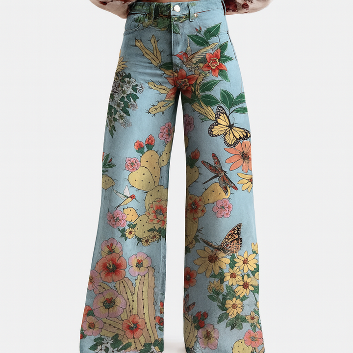 Womens Wide Leg Trousers Floral Pattern Relaxed Fit