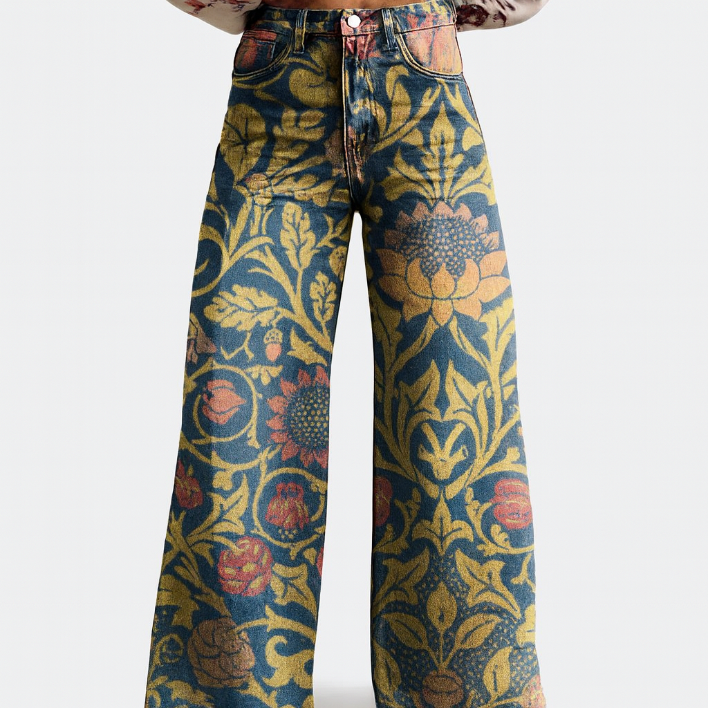 Womens Wide Leg Trousers Floral Pattern Relaxed Fit