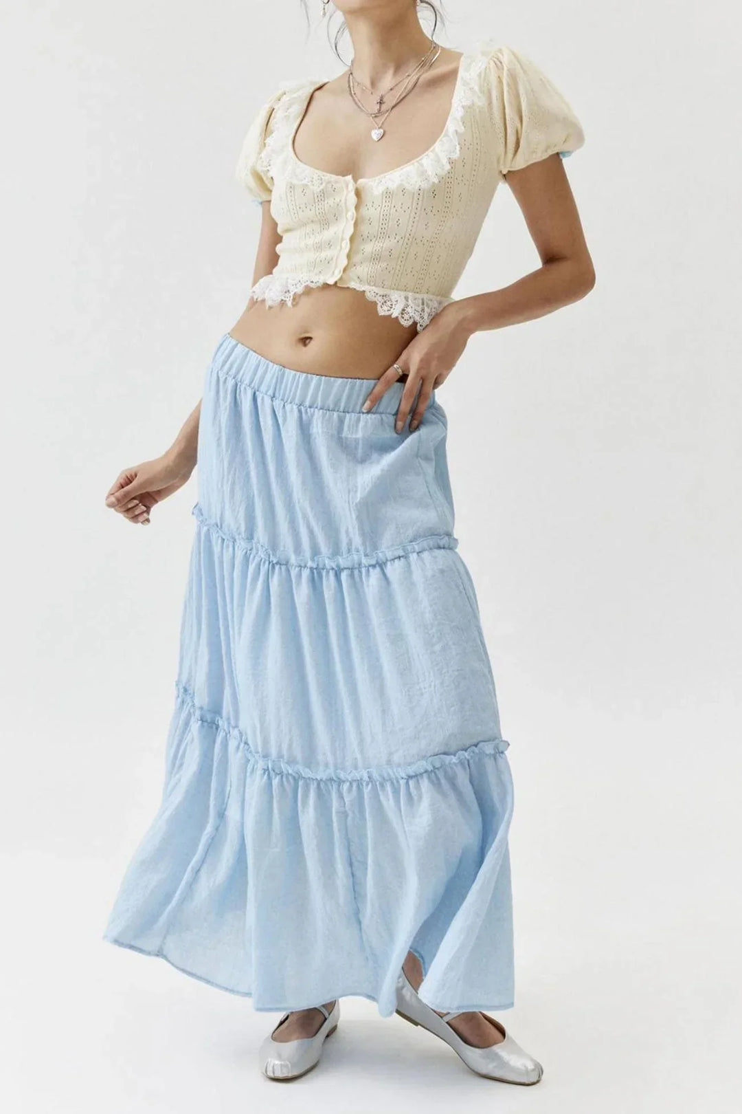 Womens Maxi Skirt Cotton Linen Tiered Style