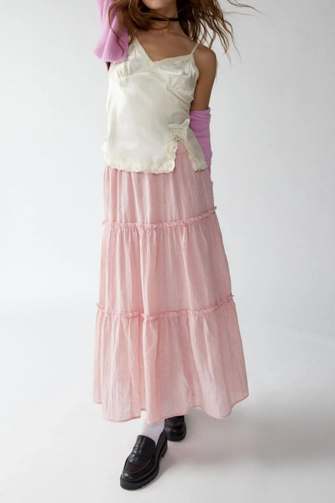 Womens Maxi Skirt Cotton Linen Tiered Style