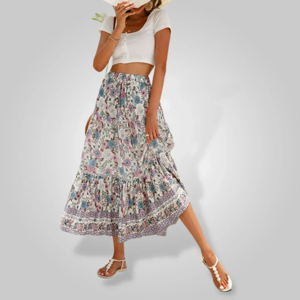 Womens Maxi Skirt Bohemian Floral Print Flowing Fit - BritishMode