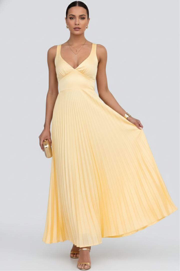 Womens Maxi Dress with V-Neck and Pleated Skirt