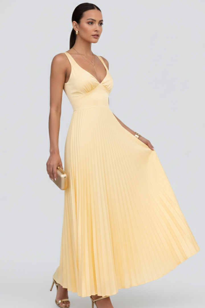 Womens Maxi Dress with V-Neck and Pleated Skirt