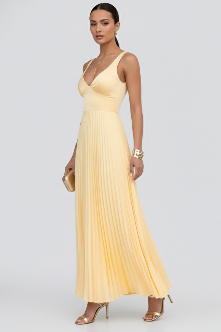 Womens Maxi Dress with V-Neck and Pleated Skirt
