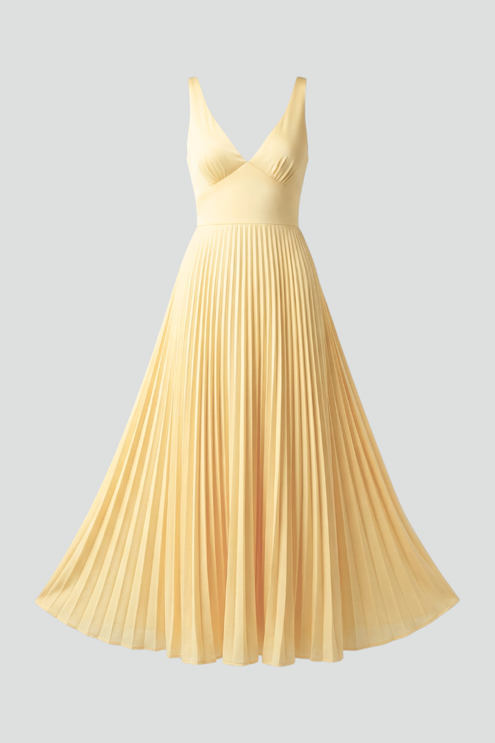 Womens Maxi Dress with V-Neck and Pleated Skirt - BritishMode