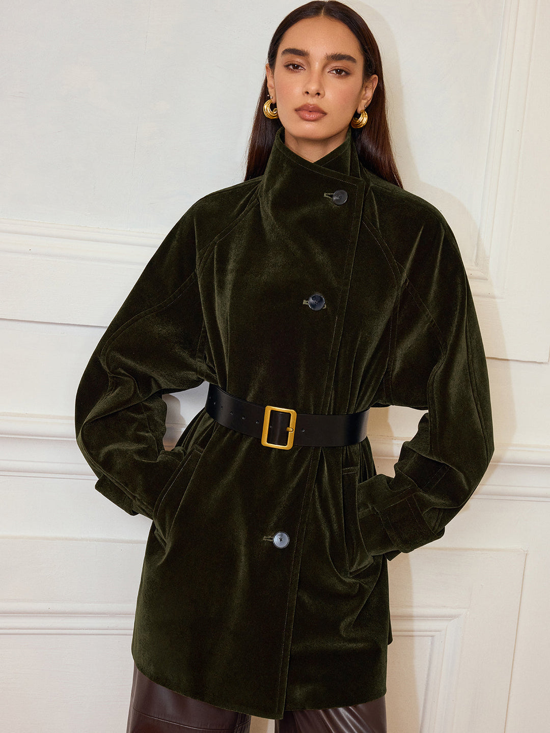 Womens Velvet Coat Pocketed Relaxed Fit - BritishMode