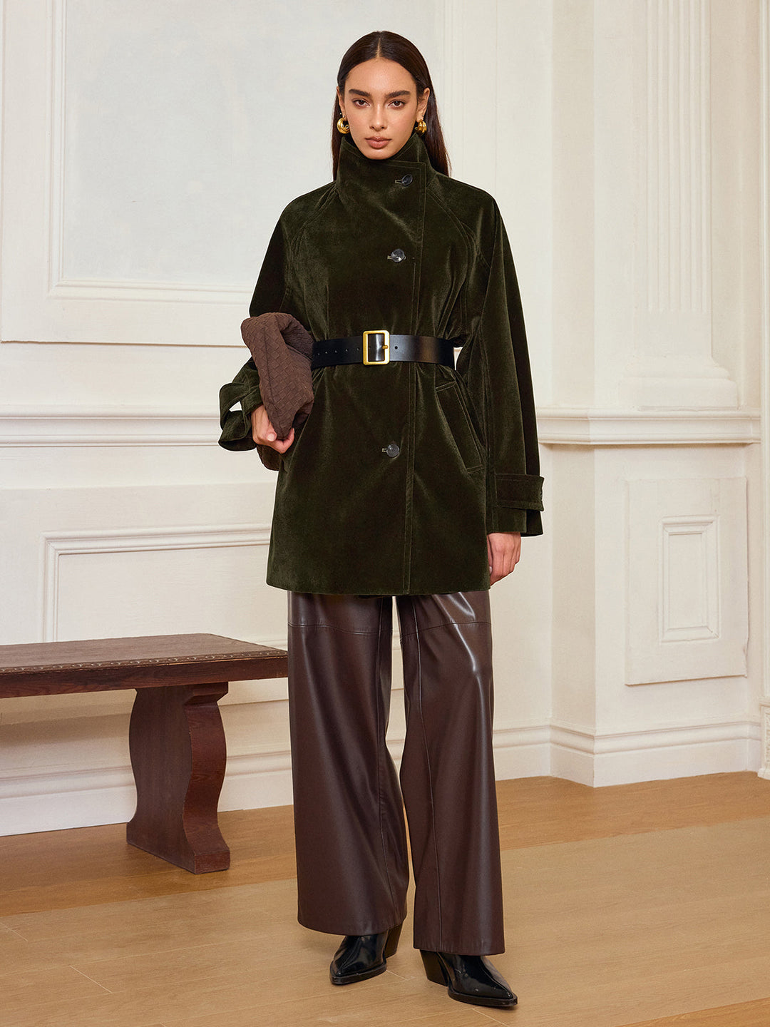 Womens Velvet Coat Pocketed Relaxed Fit