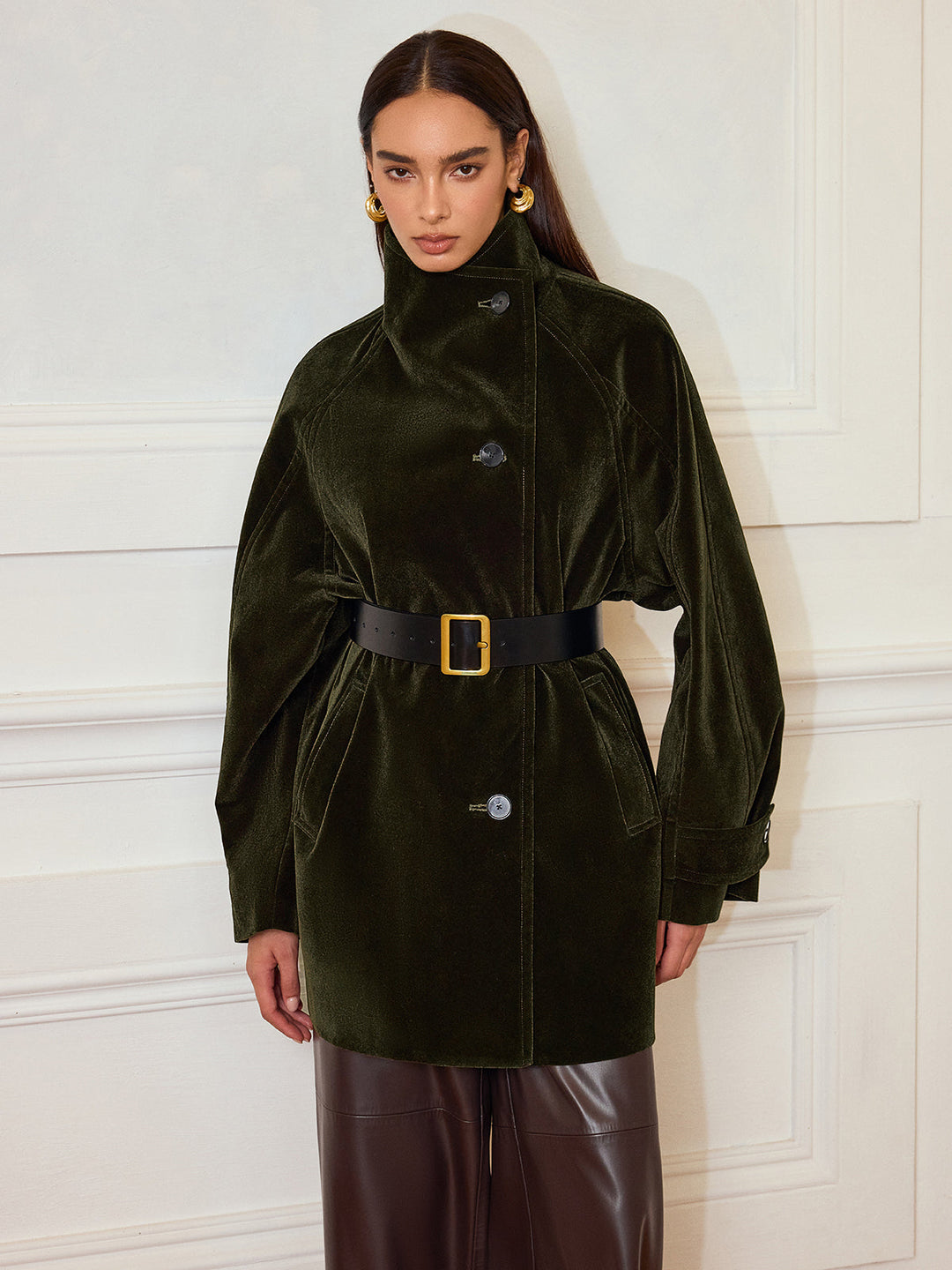 Womens Velvet Coat Pocketed Relaxed Fit
