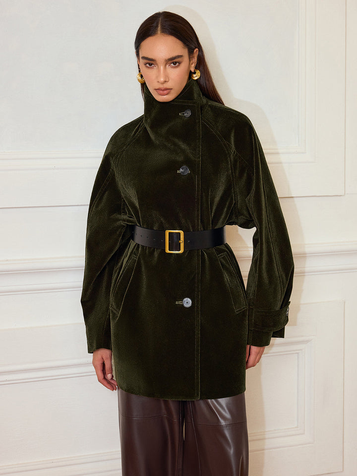 Womens Velvet Coat Pocketed Relaxed Fit