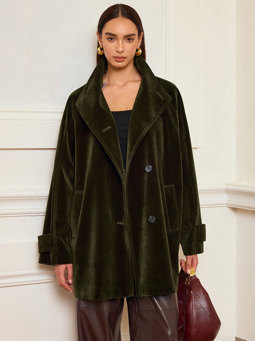 Womens Velvet Coat Pocketed Relaxed Fit