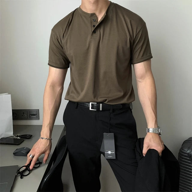 Mens Polo Shirt Cotton Classic Collar Three-Button Placket