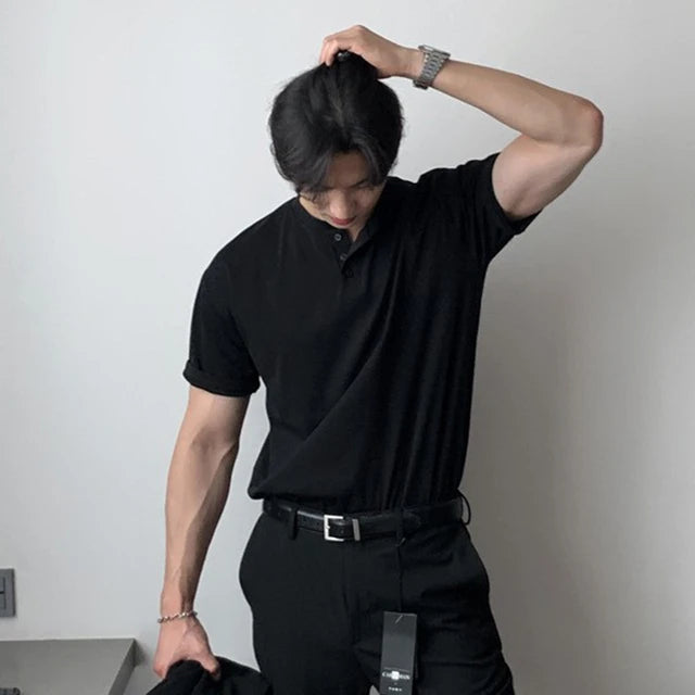 Mens Polo Shirt Cotton Classic Collar Three-Button Placket