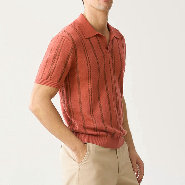 Mens Polo Shirt Jacquard Knit Blend V-Neck Relaxed Fit